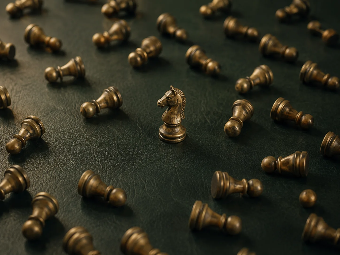 A single brass chess piece standing among many — representing the challenge of evaluating a thousand PMS strategies