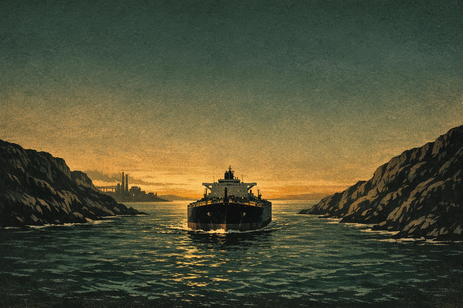 An oil tanker passing through a narrow strait at dusk, illustrating a global oil chokepoint.