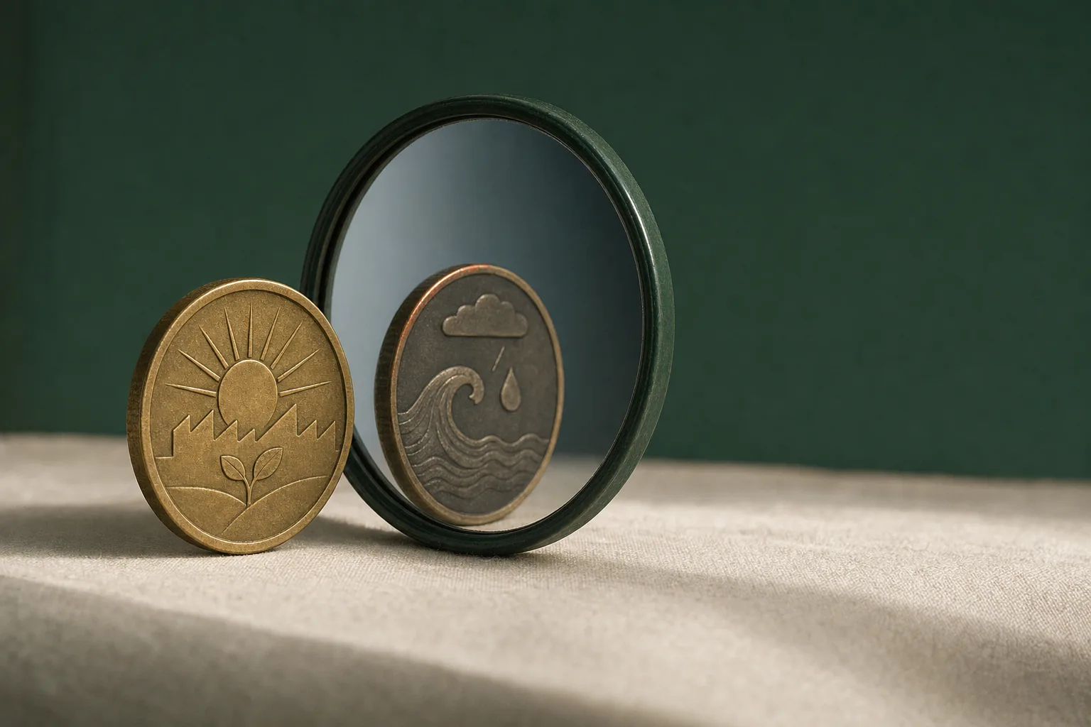 A brass coin on linen showing a sunrise over factory roofs and a sprout; beside it, a mirror shows its other side: a storm cloud, a wave and a falling drop