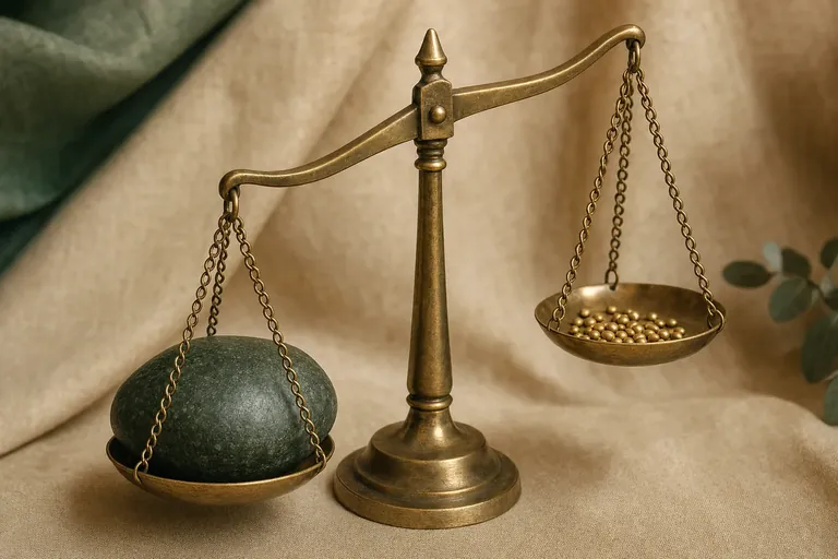 An antique brass balance scale on linen: one pan weighed down by a heavy dark green stone, the other lifted, holding small bright brass seeds