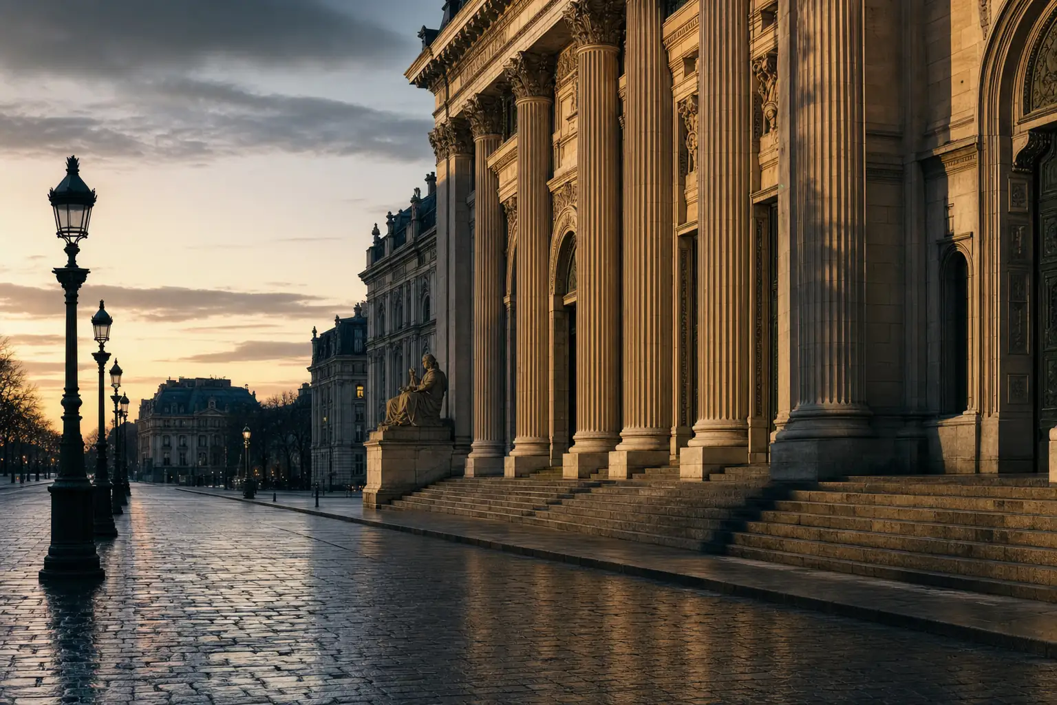 Stone columns and steps of a nineteenth-century government building in Paris at dusk, with wet cobbles in front