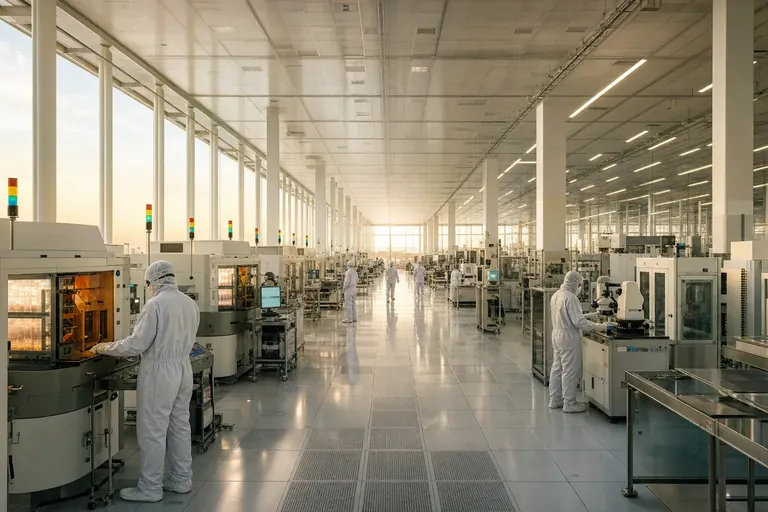 A bright semiconductor cleanroom with technicians in white suits working at rows of equipment