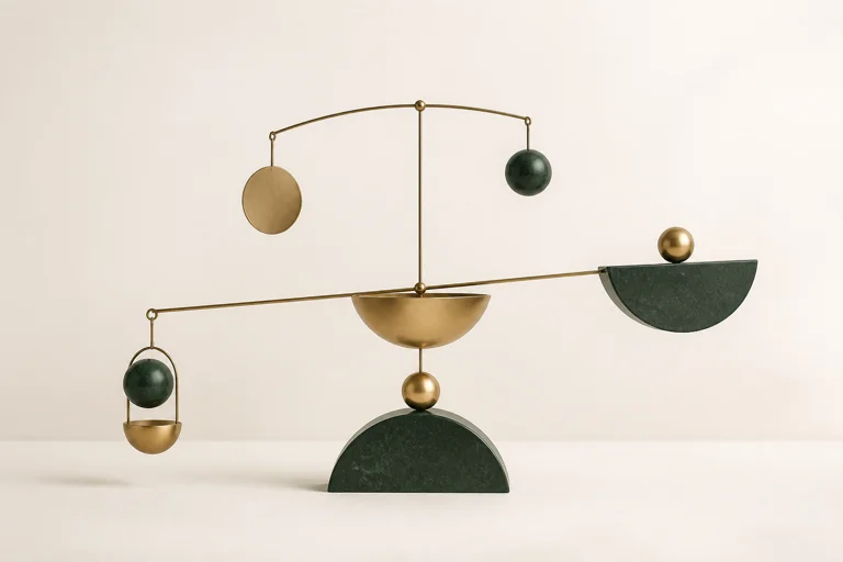 A balanced kinetic mobile in forest green and brass
