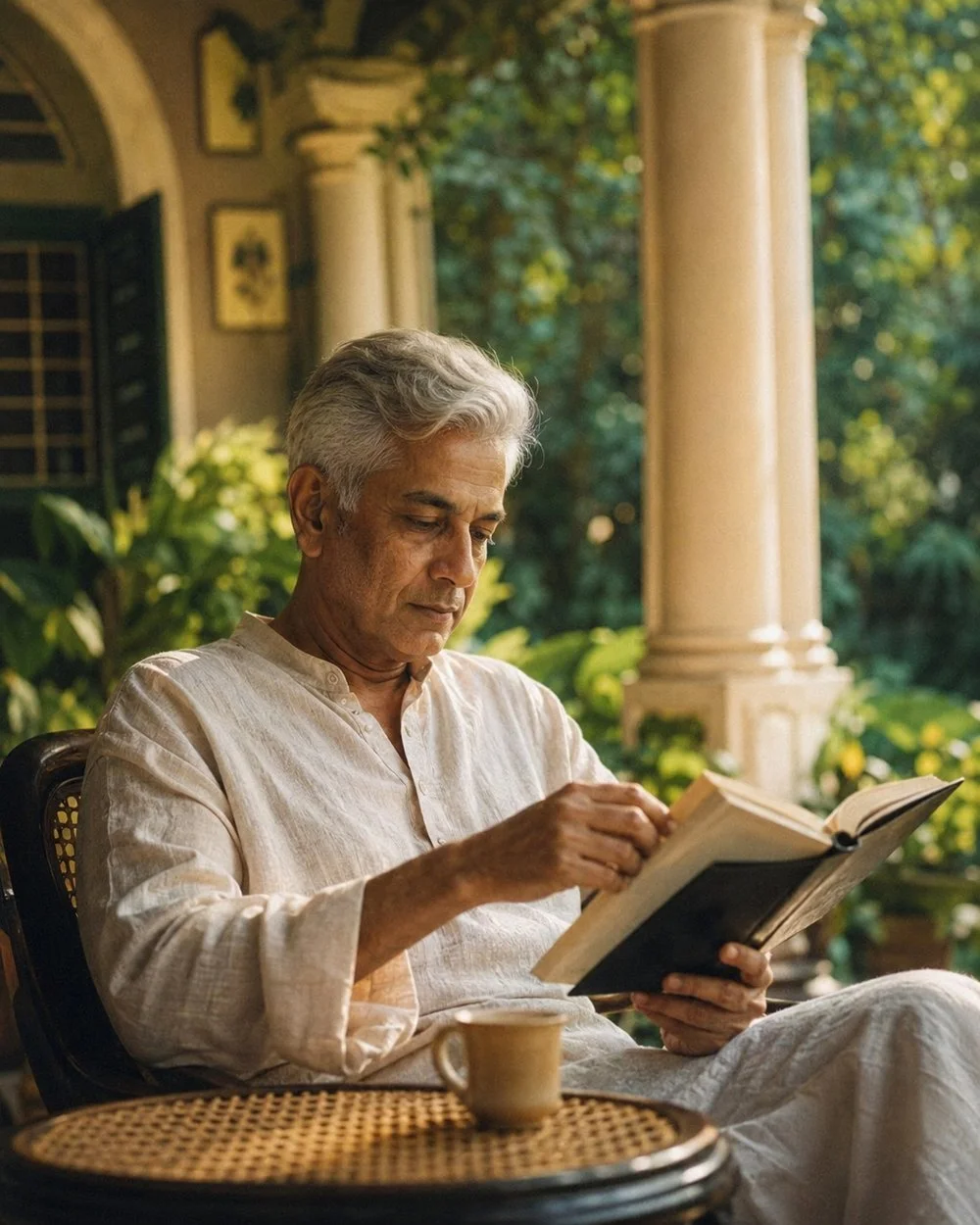 A man in his late fifties reading on a sunlit verandah with a cup of tea — the unhurried life a funded retirement is for